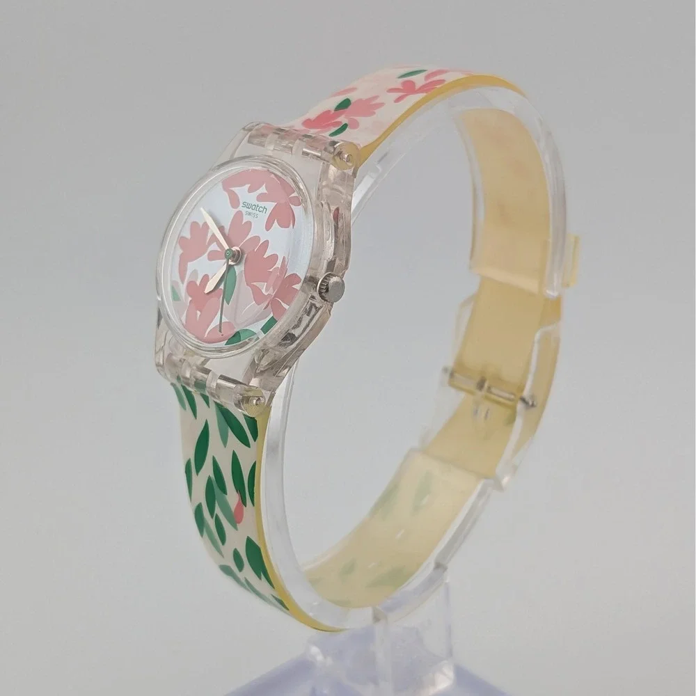 Swatch Lady Jackaranda LK355 Floral Clear Exhibition Back Swiss Quartz Watch Y2K
